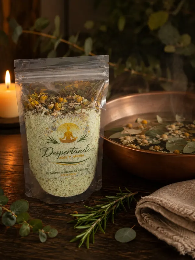 Sachet de sal efervescente para pies junto a un cuenco de cobre con agua tibia, manzanilla y eucalipto, a la luz de una vela